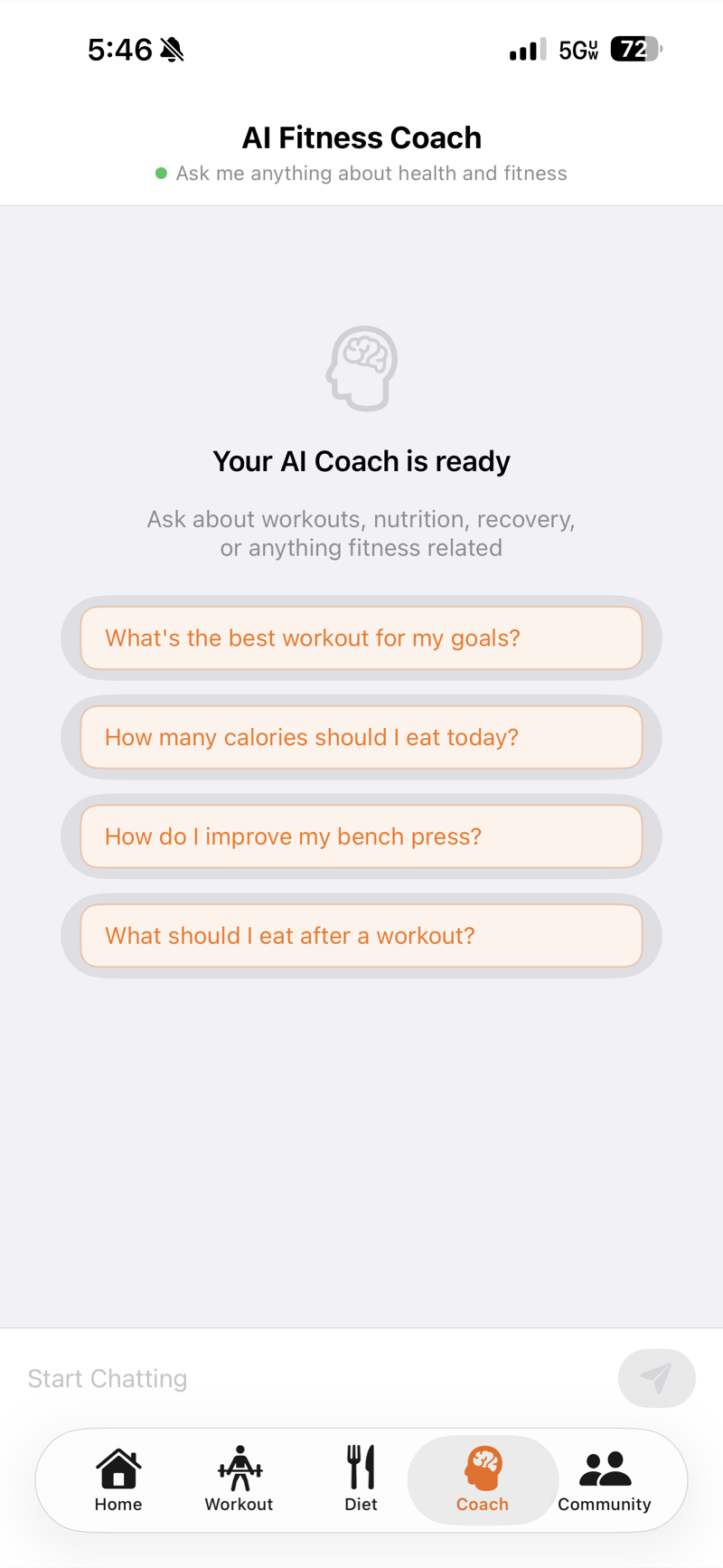 Coach tab — AI coach chat for personalized guidance and questions.