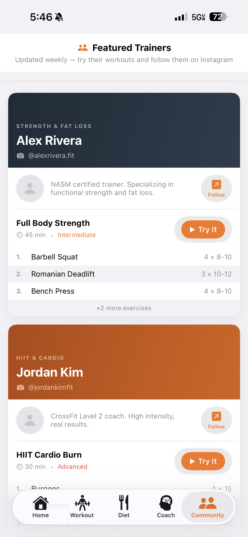 Community tab — social feed and member interaction.