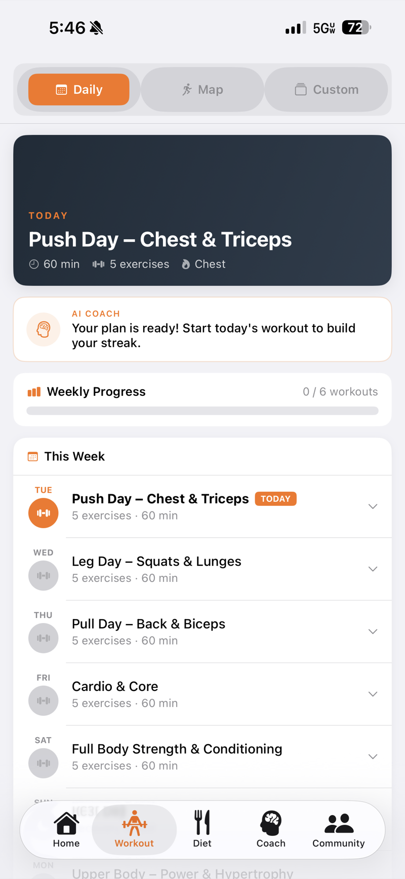 Workout tab — your generated workout plan and exercise tracking.