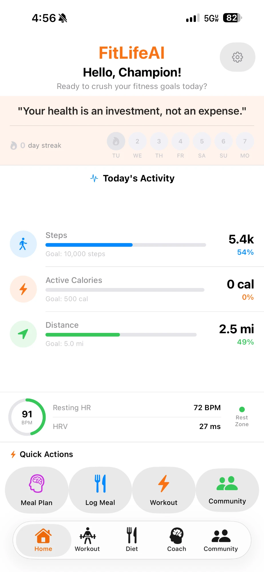 The FitLifeAI app home screen — Today's Activity with steps, calories, and distance progress; heart-rate metrics; and quick actions for Meal Plan, Log Meal, Workout, and Community.